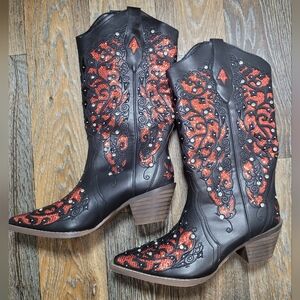 Heelchic Womens Size 9.5 Glitter Inlay Rhinestones Cowboy Boots Black Red